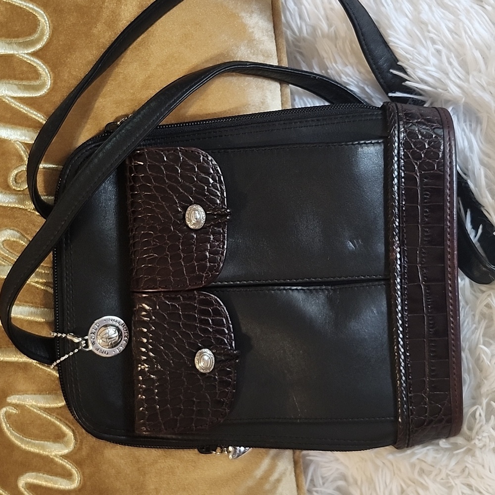 Vintage BRIGHTON Black Croc Leather Trims Two-Flap Front Pockets Shoulder Bag